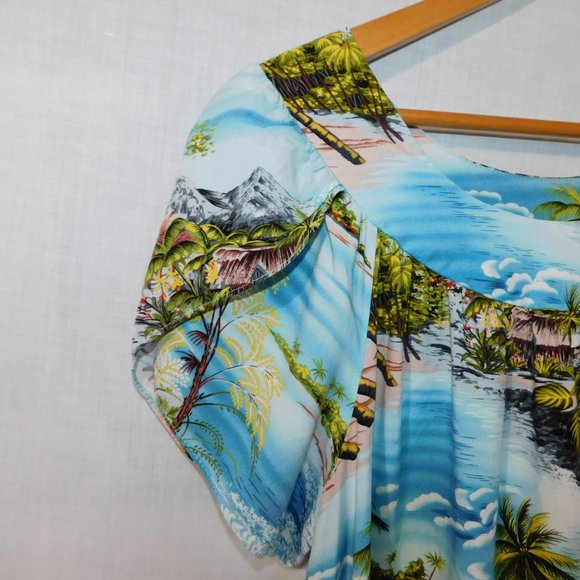 Puanani RJC Hawaii Womens L Rayon Hawaiian Dress MuuMuu Island Ocean Print Blue - Picture 8 of 11